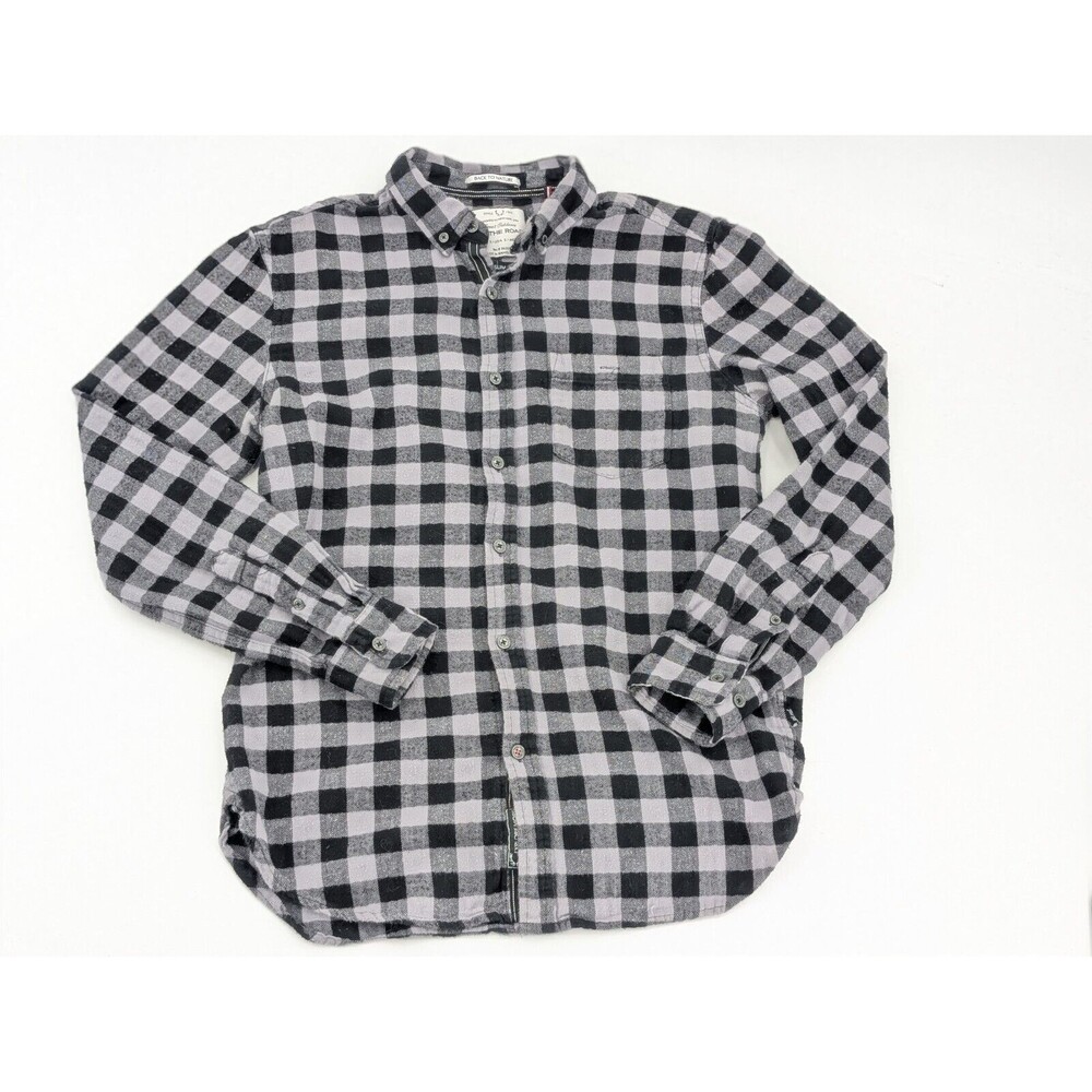 On The Road 100% Cotton Black Gray Slim Button Plaid Flannel Shirt Size Small